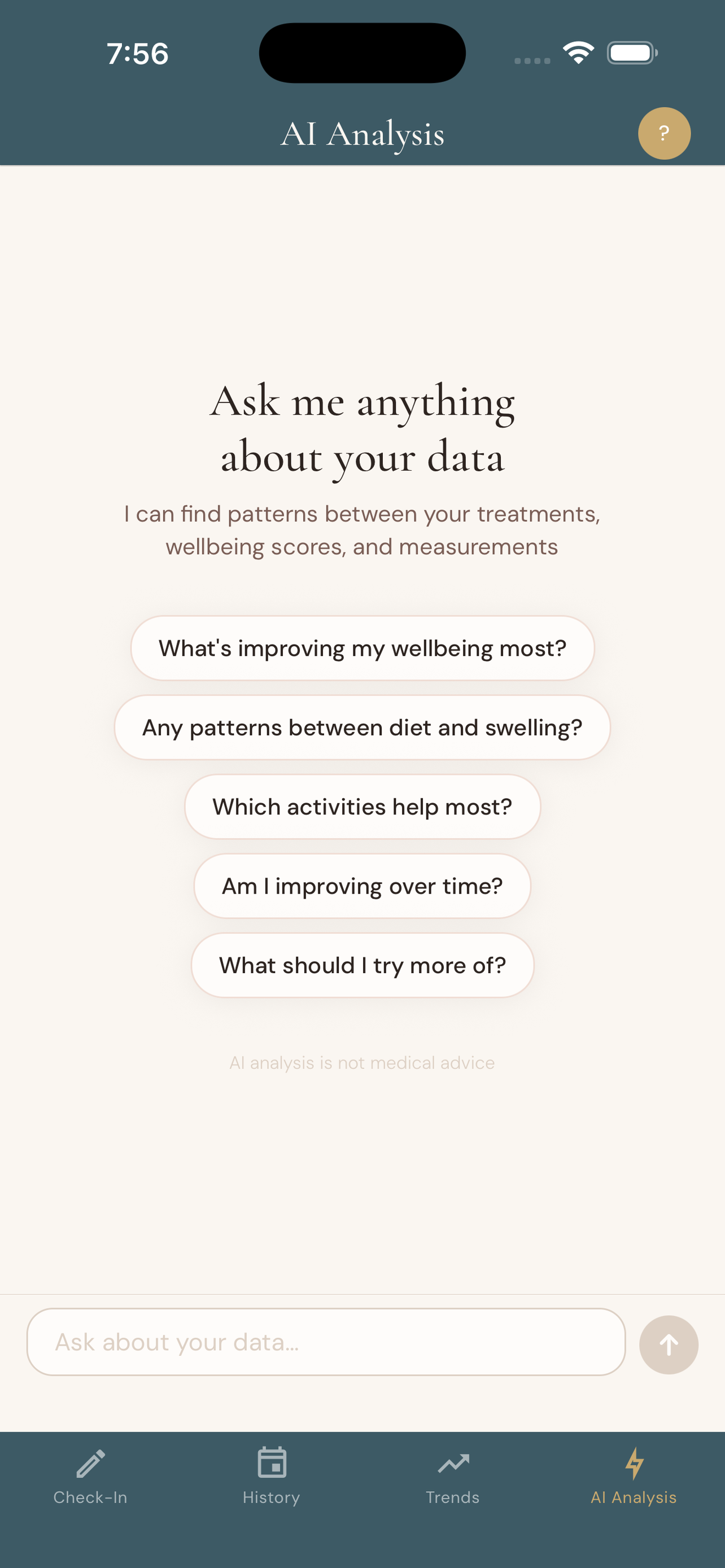 Wellbeing tracking screen with pain, heaviness, energy, and mood scales plus body measurements